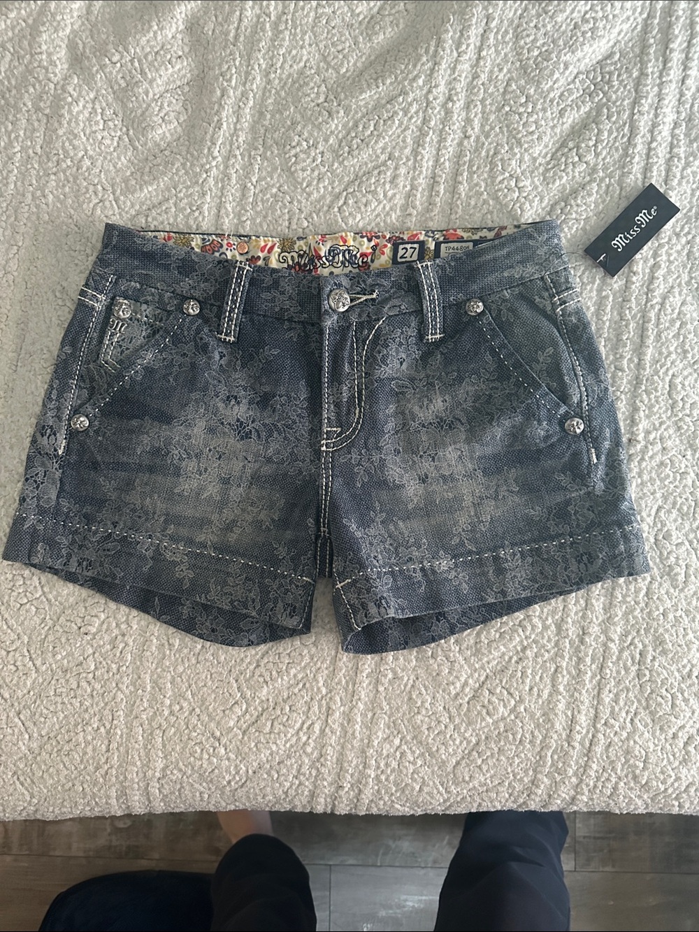 Miss Me Indigo Lace Floral Denim Shorts